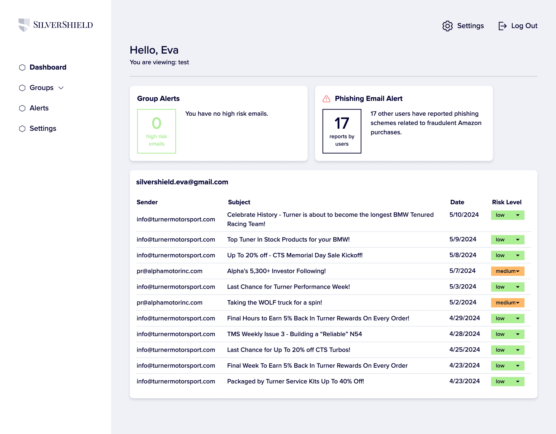 Silvershield dashboard showing an inbox with fraud alerts raning from low to high for each email.