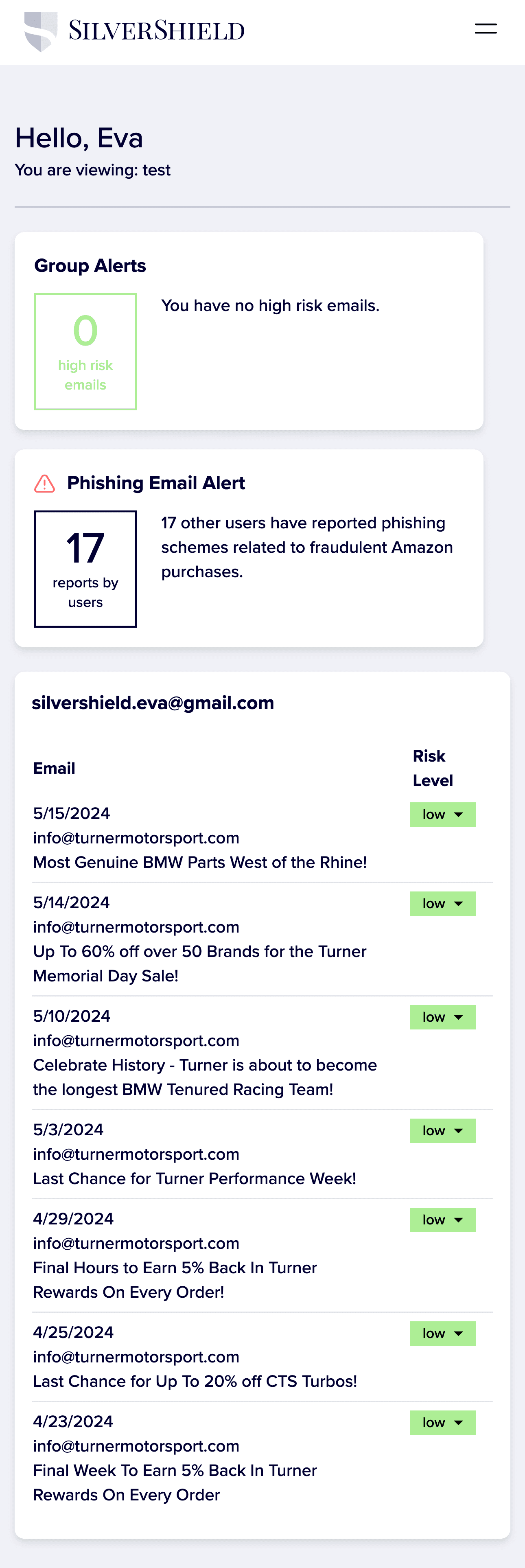 Silvershield dashboard showing an inbox with fraud alerts raning from low to high for each email.