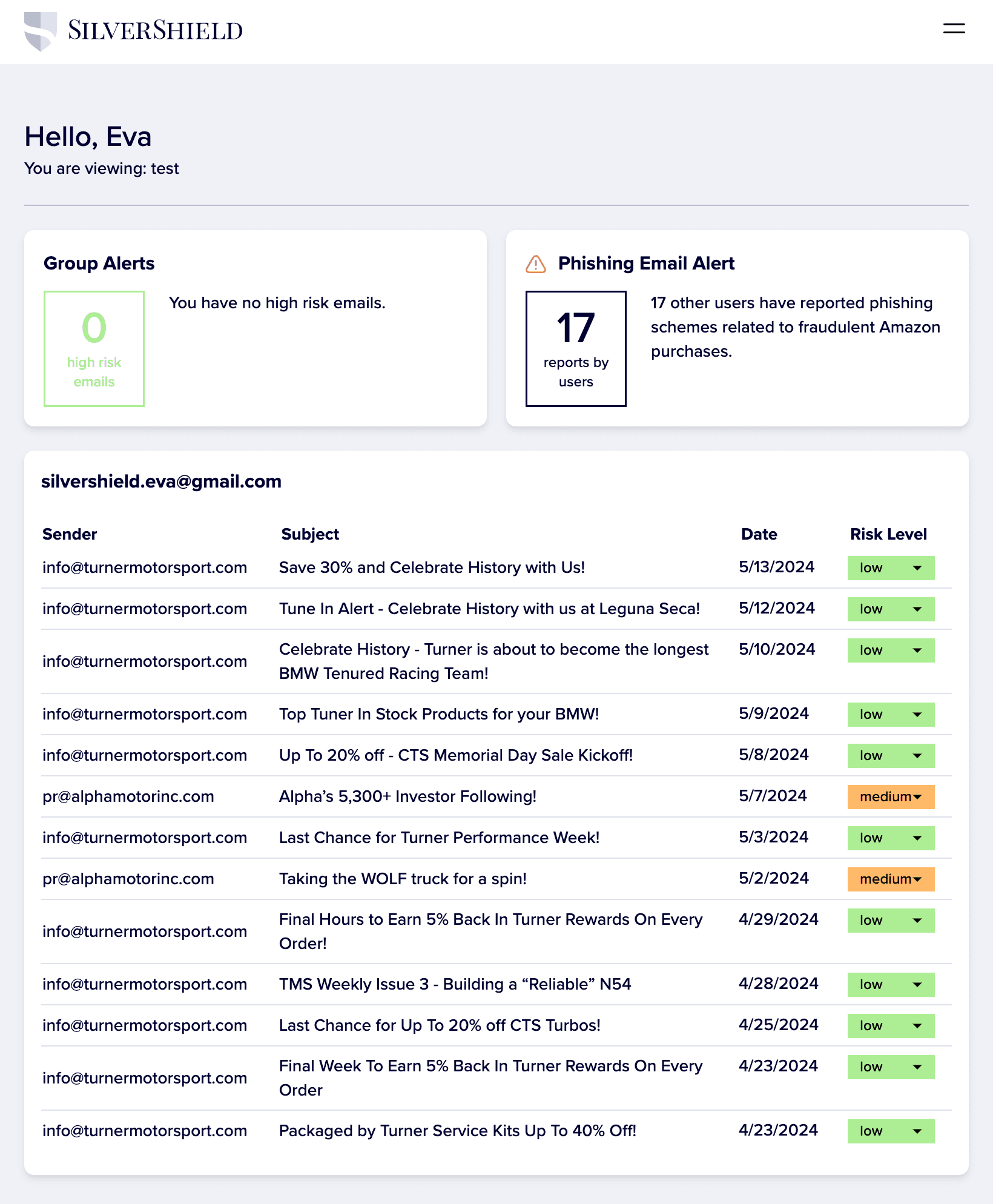 Silvershield dashboard showing an inbox with fraud alerts raning from low to high for each email.