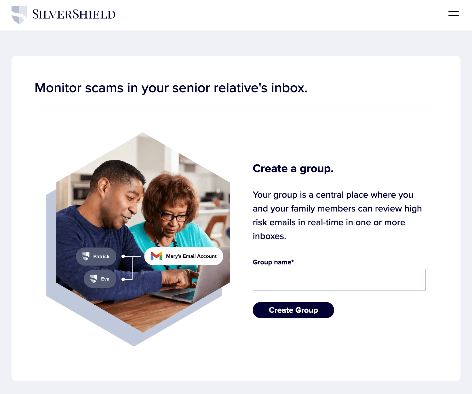 Silvershield webpage to connect an inbox for fraud review with an input to enter an email address and buttons to connect email or skip this step.