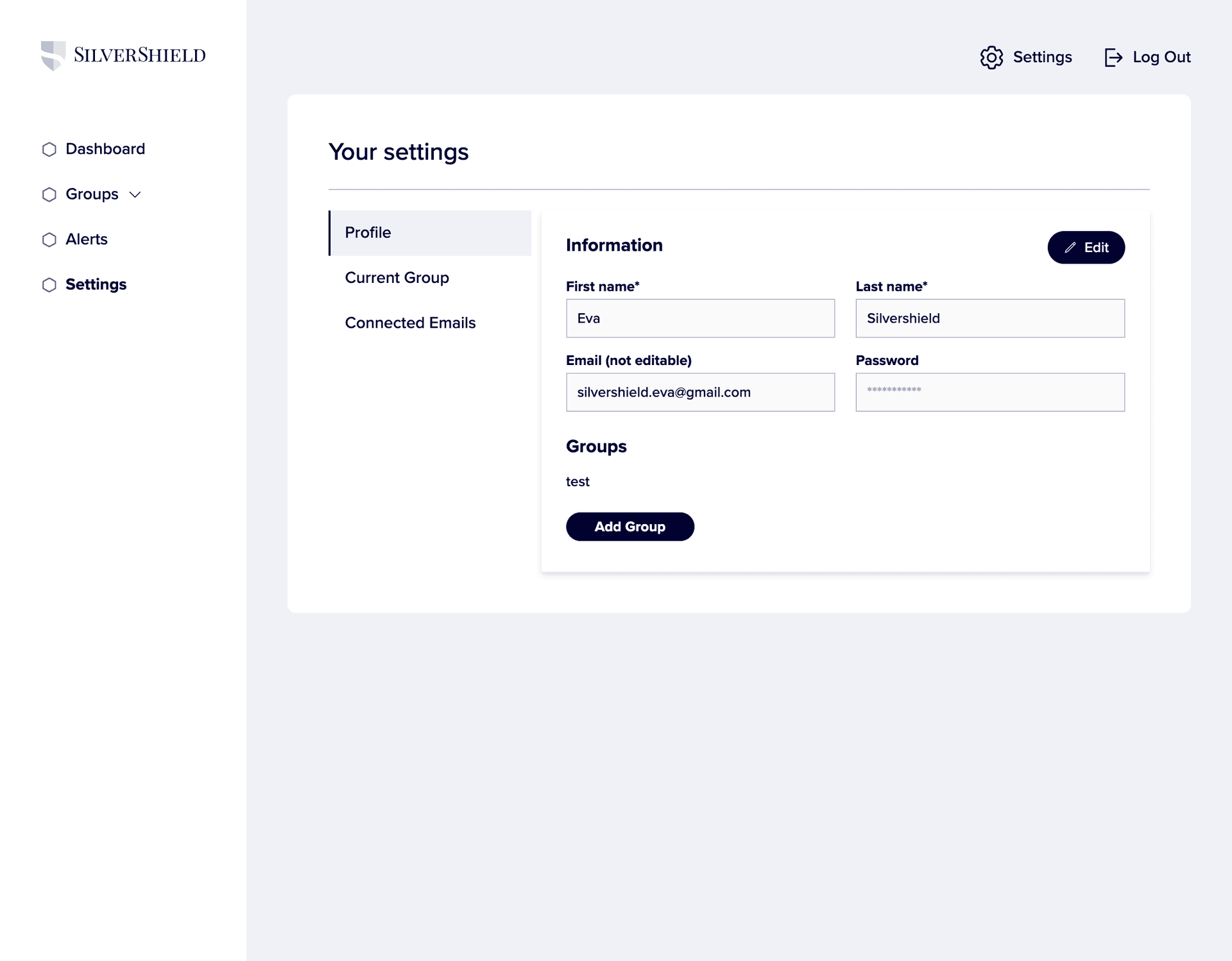 The Silvershield website settings page dsiplaying first name, last name, email, password, groups the user is a member of, and an edit button.