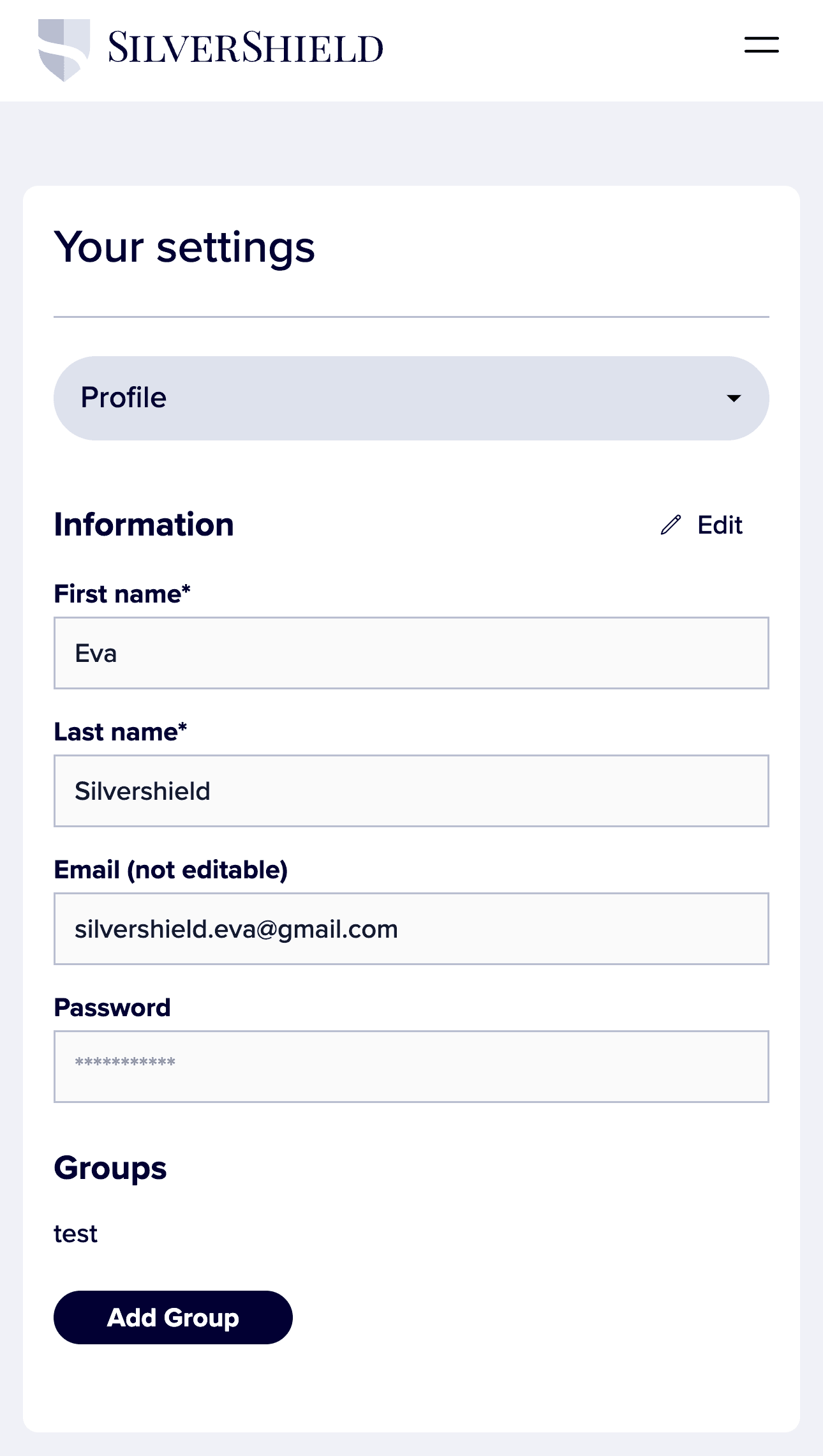 The Silvershield website settings page dsiplaying first name, last name, email, password, groups the user is a member of, and an edit button.