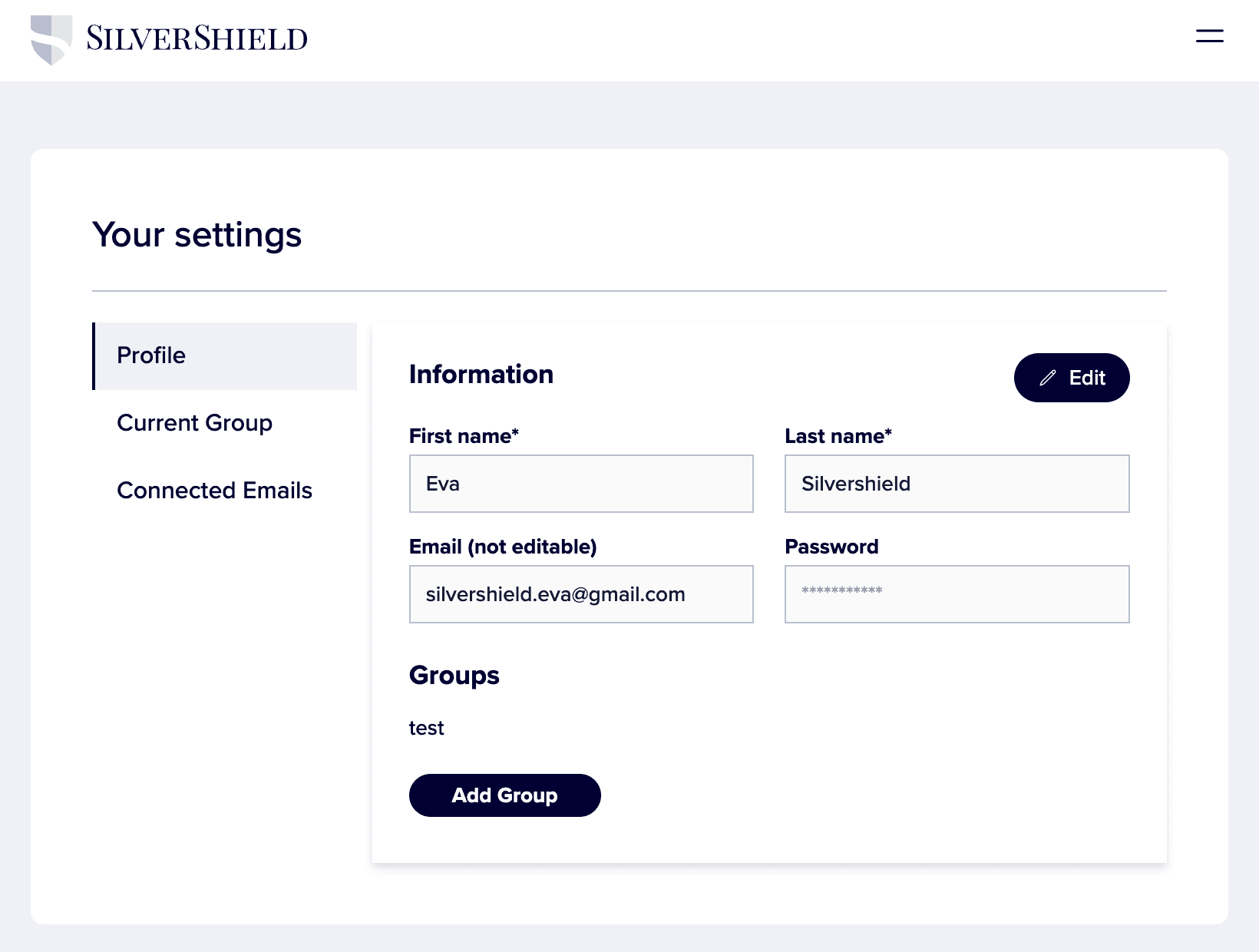 The Silvershield website settings page dsiplaying first name, last name, email, password, groups the user is a member of, and an edit button.