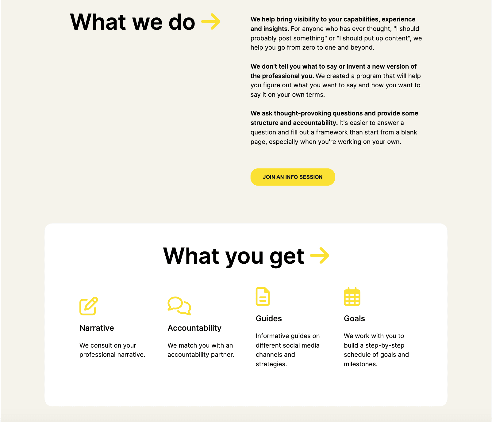 Visible Work landing page 'What we do' and 'What you get' sections including a 'Join an info session' button