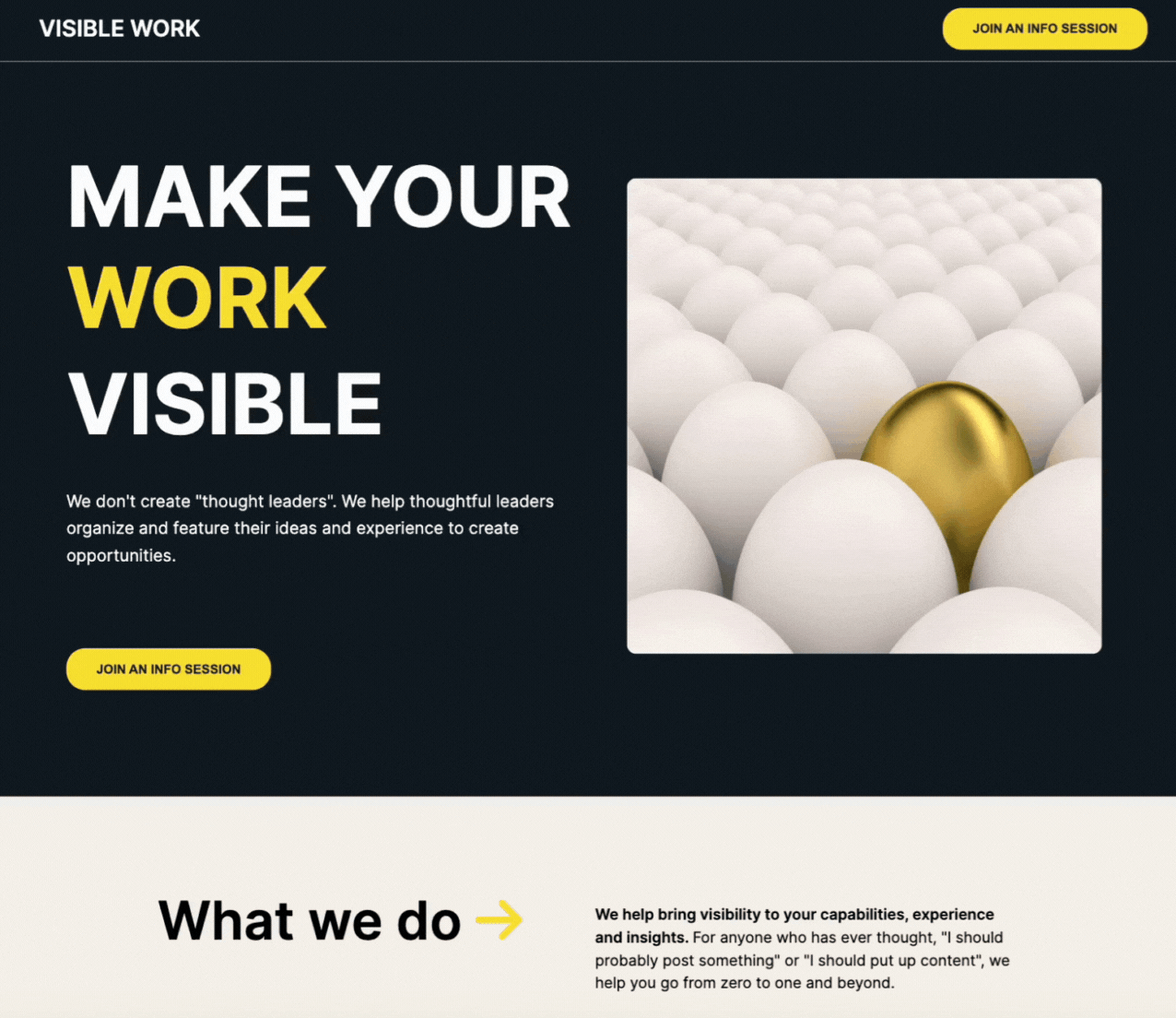 The header on the Visible Work website showing the header with text 'Make your ____ visible' with a text animation cycling through the words work, experience, wins, skills, and insights.