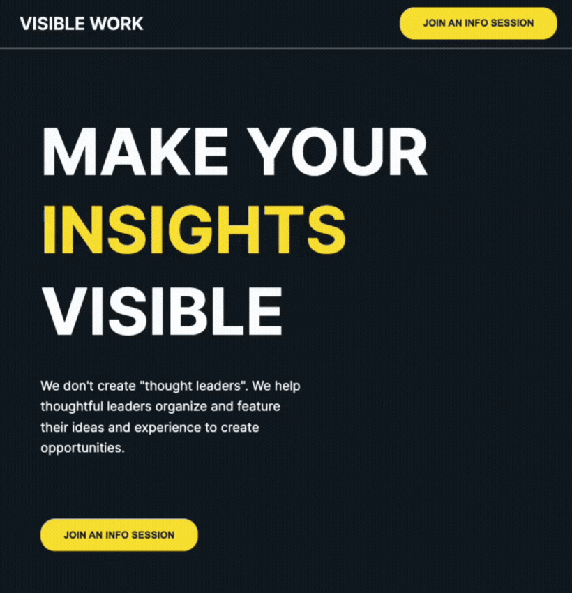 Visible Work landing page 'What we do' and 'What you get' sections including a 'Join an info session' button